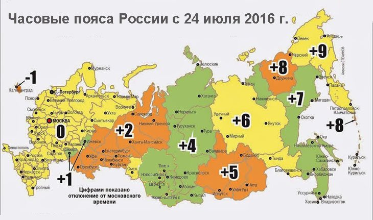 Карта часовых поясов России 2016 года